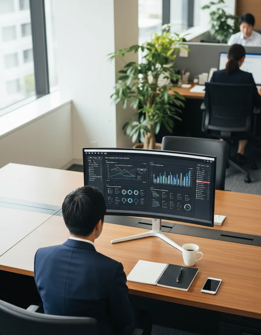 社長が自社ERPの統合ダッシュボードで営業・原価・現場・在庫の数字を1画面で確認している様子